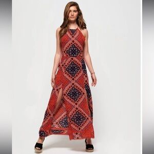Superdry Red and Navy Printed Halter boho Maxi Dress